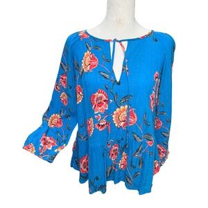 LOFT Beach Blue Floral Flowy Peplum XS Top  Boho Breezy Coastal Vacation